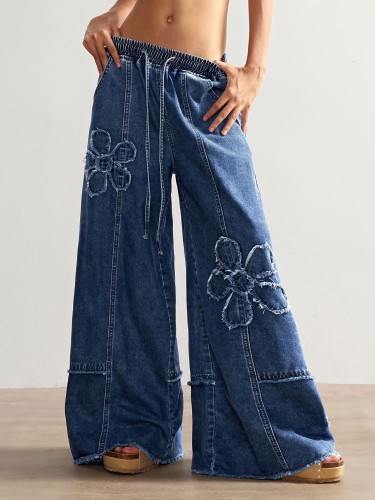 Women's Casual Jeans, Solid Wide-Leg Loose Fit, with Design Detail