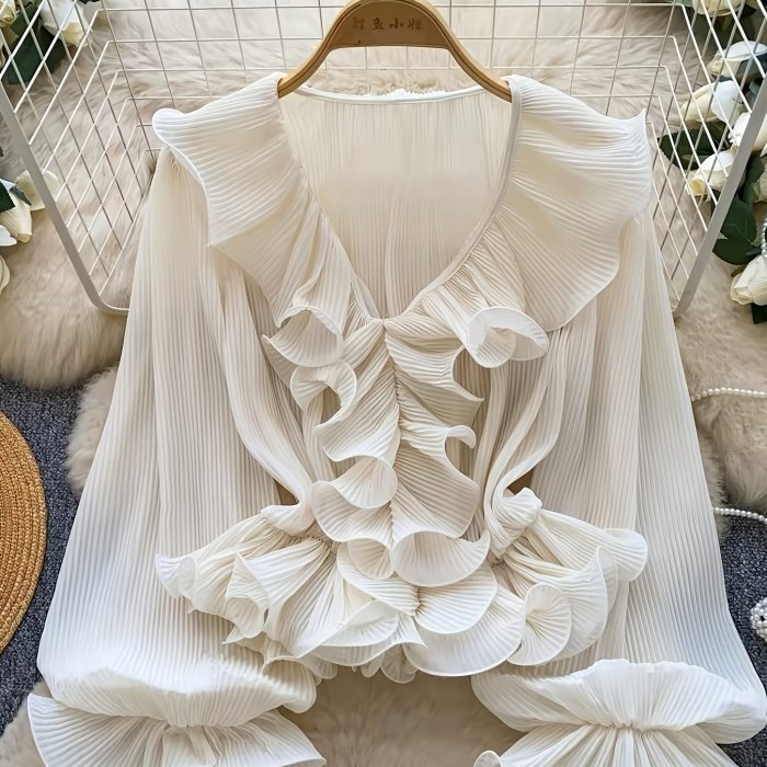French Gentle Style\u002FV-Neck Ruffled Pleated Blouse\u002FWomen's Spring Summer Long Sleeve\u002FAll-Match Design Top