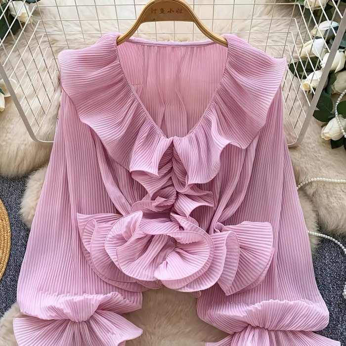 French Gentle Style\u002FV-Neck Ruffled Pleated Blouse\u002FWomen's Spring Summer Long Sleeve\u002FAll-Match Design Top