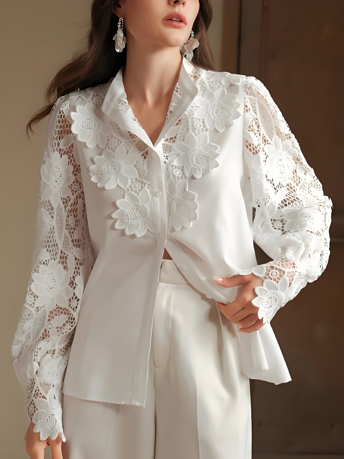 Elegant Lace Blouse Women's French Elegant Stand Collar Lace Patchwork Blouse - Spring and Autumn
