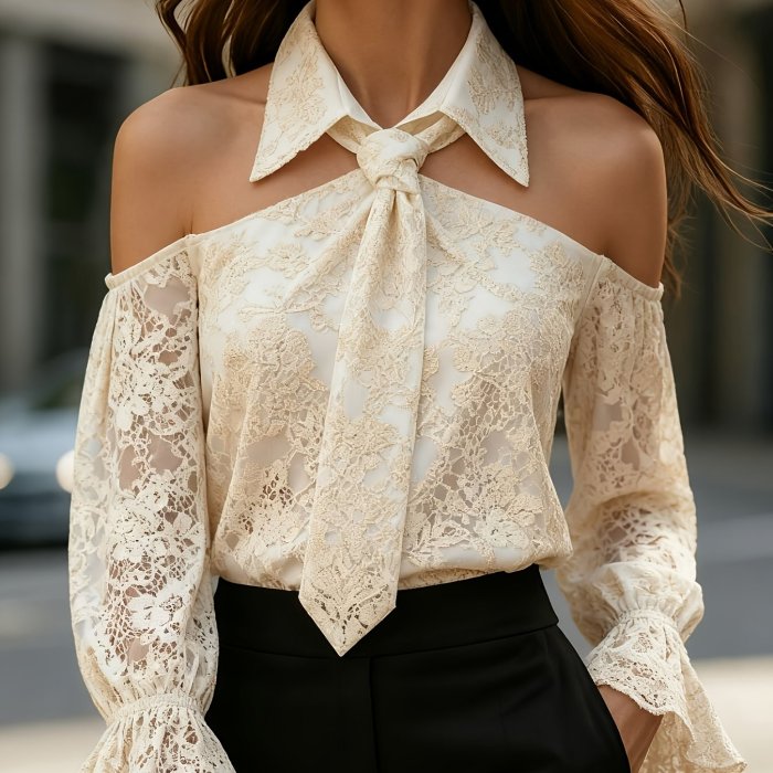 Women'S Elegant Off-Shoulder Long Sleeve Blouse, Embroidered with Scarf Detail, Fashionable Top for Office, Party, And Commute, Spring Summer Wardrobe Essential