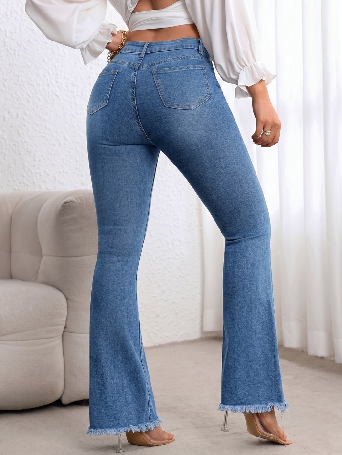 Vintage Blue Bell Bottoms Vintage High Waist Women's Ripped Flare Jeans | Pearl Beading, Blue Frayed Hem Bell Bottoms, Tall-Flattering Pants
