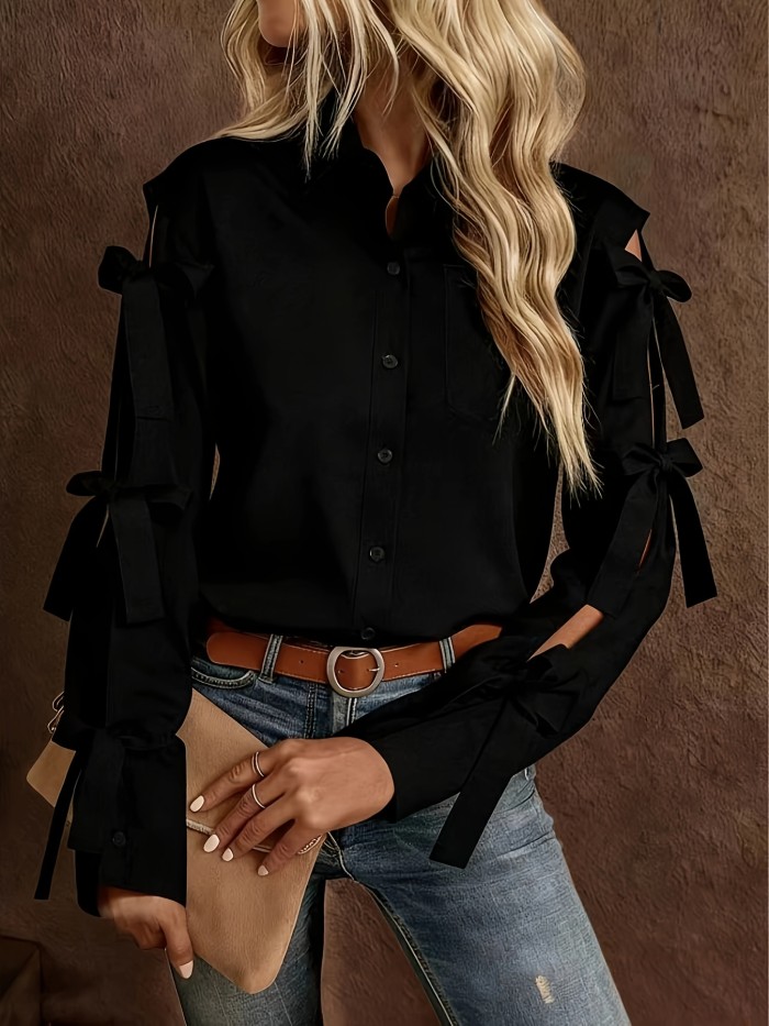 Women'S Solid Color Bow Decorated Long Sleeve Single-Button Shirt, Suitable for Office, Home, Street, And Administration