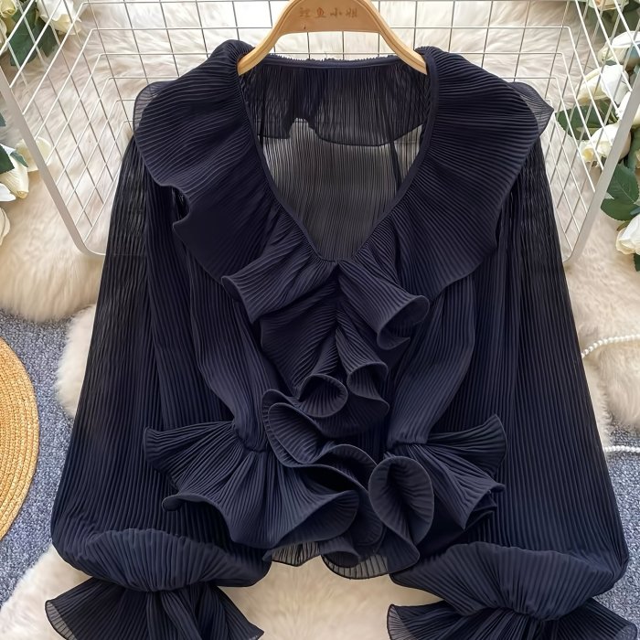 French Gentle Style\u002FV-Neck Ruffled Pleated Blouse\u002FWomen's Spring Summer Long Sleeve\u002FAll-Match Design Top