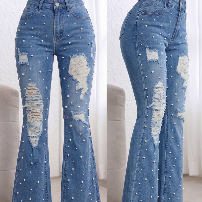 Vintage Blue Bell Bottoms Vintage High Waist Women's Ripped Flare Jeans | Pearl Beading, Blue Frayed Hem Bell Bottoms, Tall-Flattering Pants