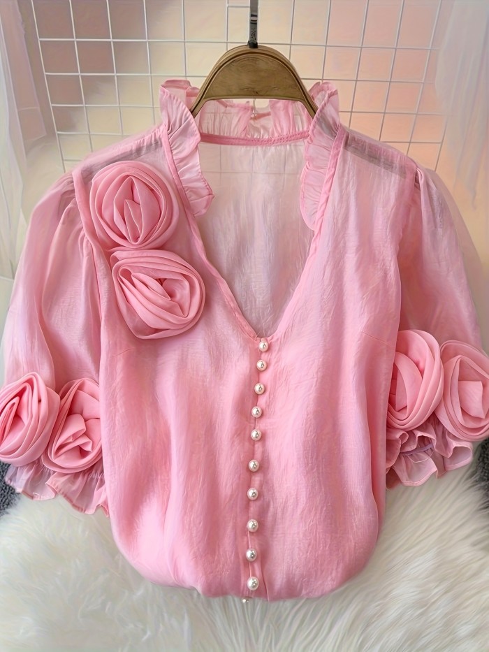 Directional Style Women'S Elegant Pink Floral Blouse - Sleeveless with Ruffled Details, Perfect for Weddings And Formal Events, Summer Fashion, Wedding Attire | Elegant Sleeveless Blouse | Ruffled Detail, Blouse