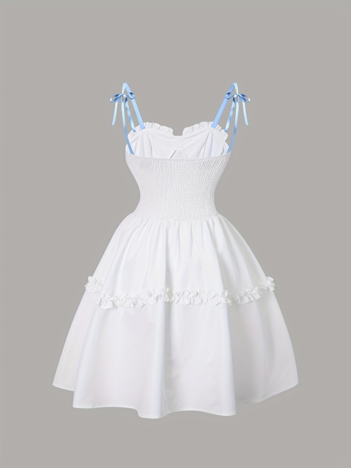 Elegant White Ruffled Tutu Dress with Blue Ribbon Accents - Perfect for Weddings, Graduations, and Summer Events, Polyester Fabric, Ruched Bust Design, All-Season Versatile, Graduation Dress | Ruffled Tutu Skirt | Polyester Dress