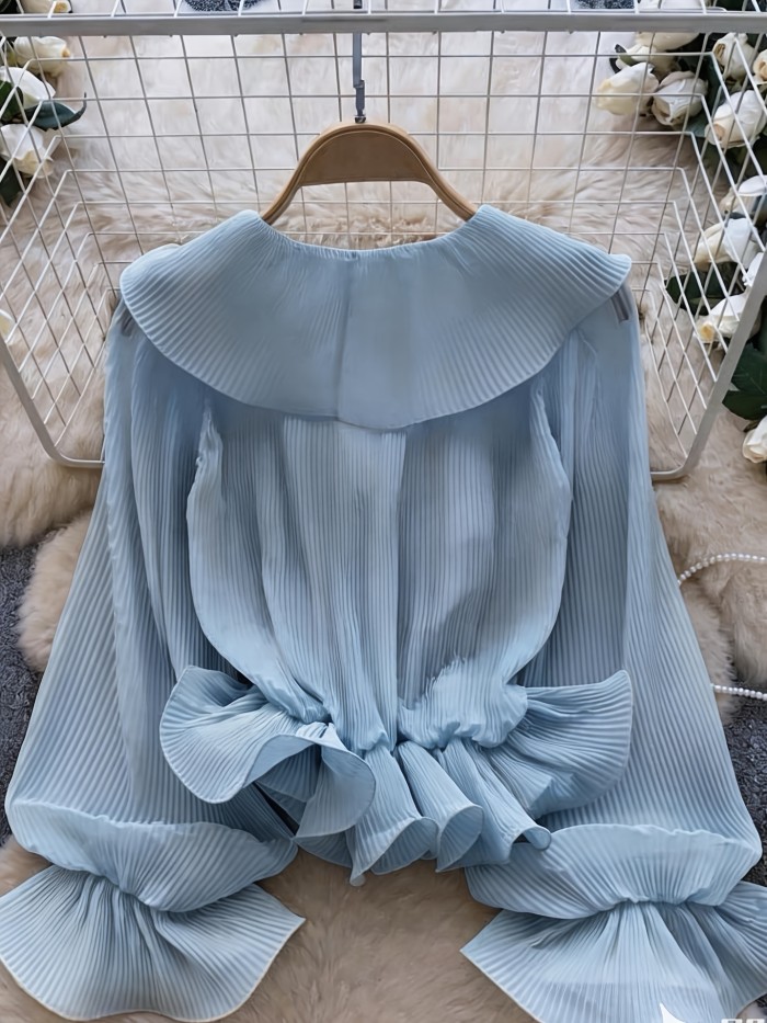French Gentle Style\u002FV-Neck Ruffled Pleated Blouse\u002FWomen's Spring Summer Long Sleeve\u002FAll-Match Design Top