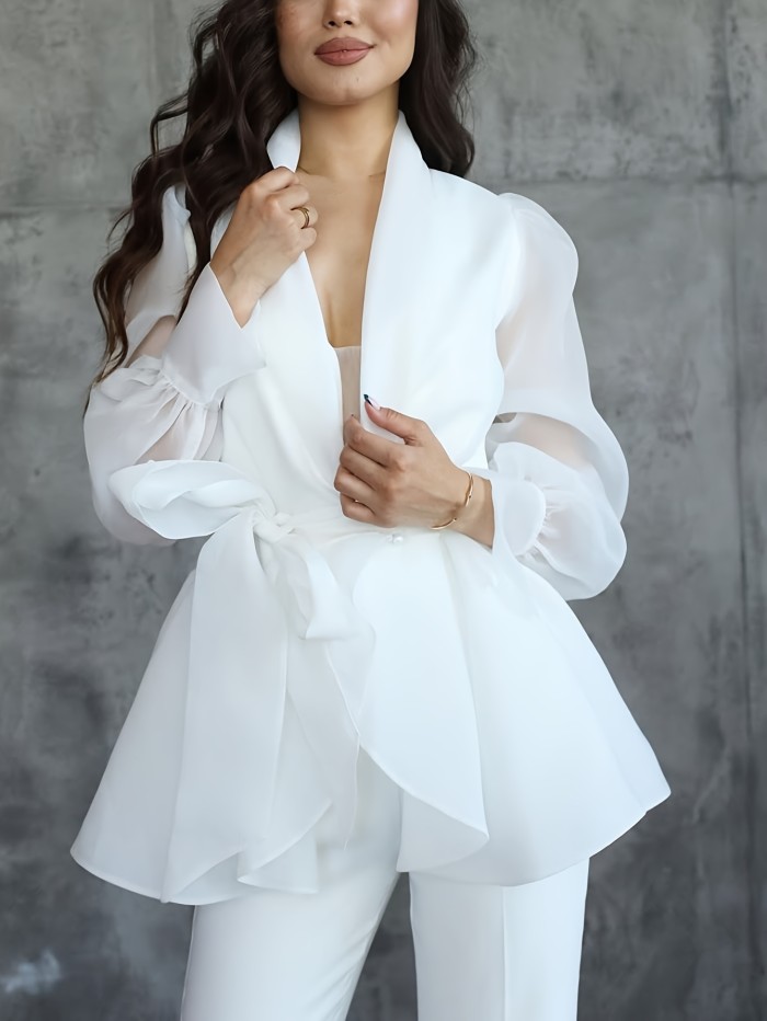 Fitted Lapel Open Front Elegant Women's Organza Tie-Front Cardigan | Sheer Party Commute Outerwear