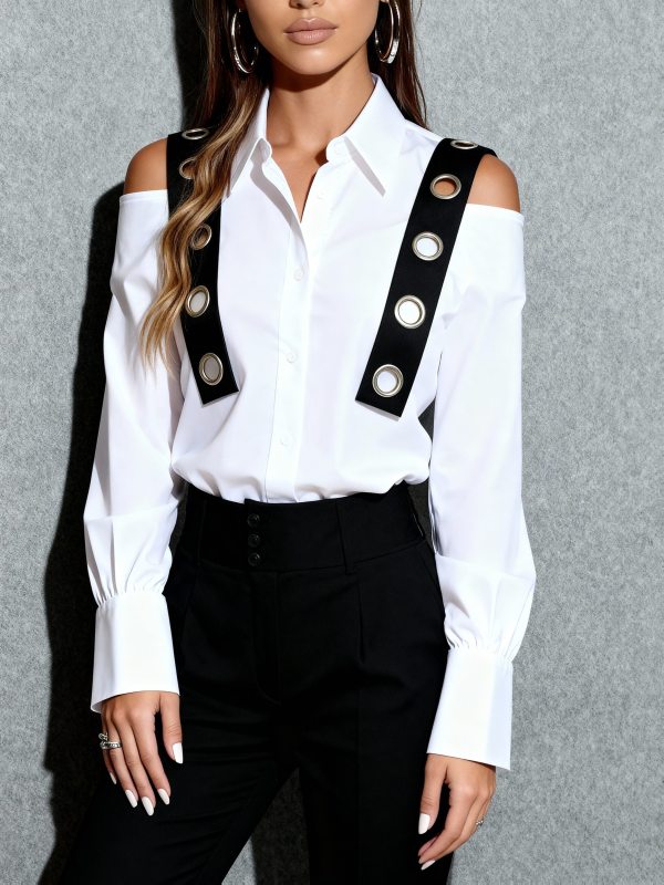 Elegant Women'S Commuting Urban Casual Shirt with Eyelet Strap Decoration, Featuring a Long-Sleeve Design And a Sexy Hollow-Out Style