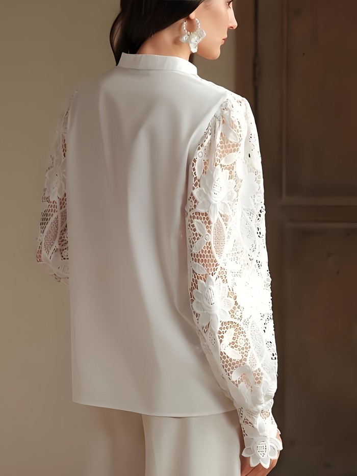 Elegant Lace Blouse Women's French Elegant Stand Collar Lace Patchwork Blouse - Spring and Autumn