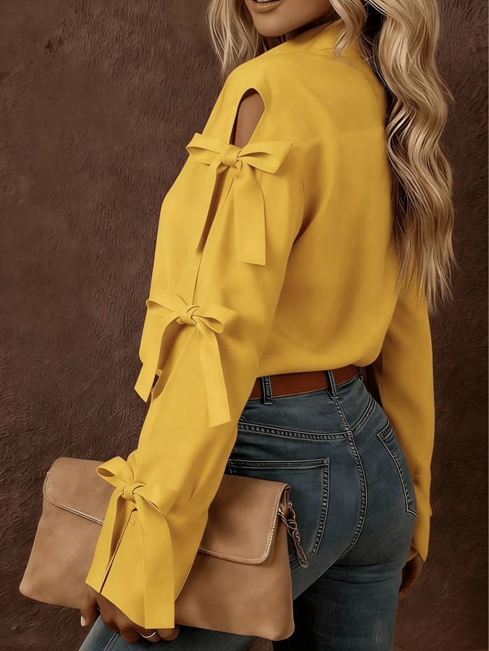Women'S Solid Color Bow Decorated Long Sleeve Single-Button Shirt, Suitable for Office, Home, Street, And Administration