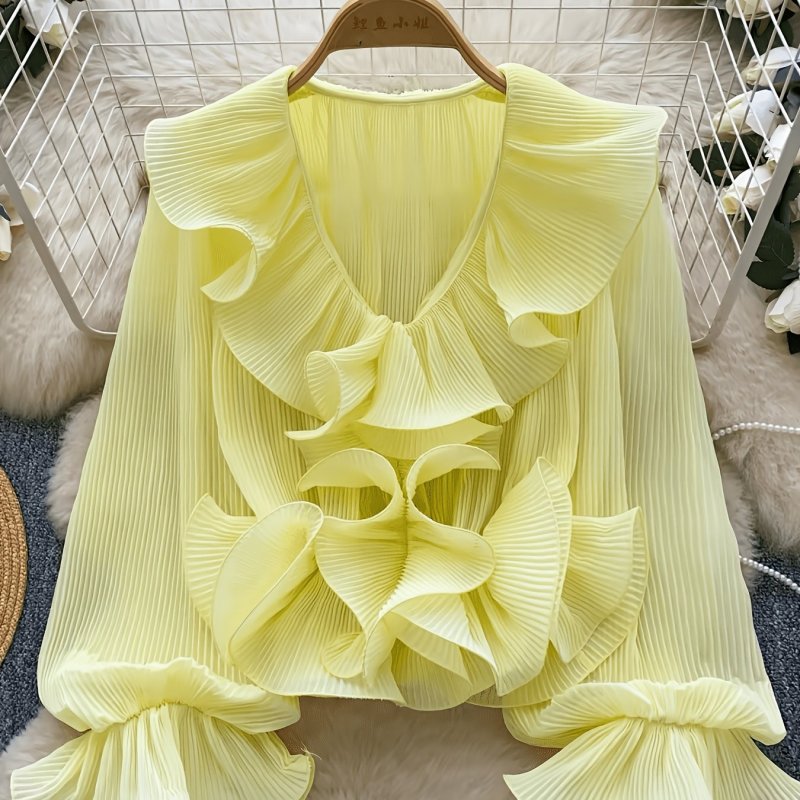 French Gentle Style\u002FV-Neck Ruffled Pleated Blouse\u002FWomen's Spring Summer Long Sleeve\u002FAll-Match Design Top