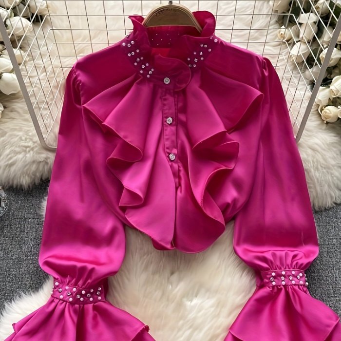 Model 7129 Women's Shirt, Ruffled Sleeve Design, Ear-Shaped Embellishments and Diamond Studs