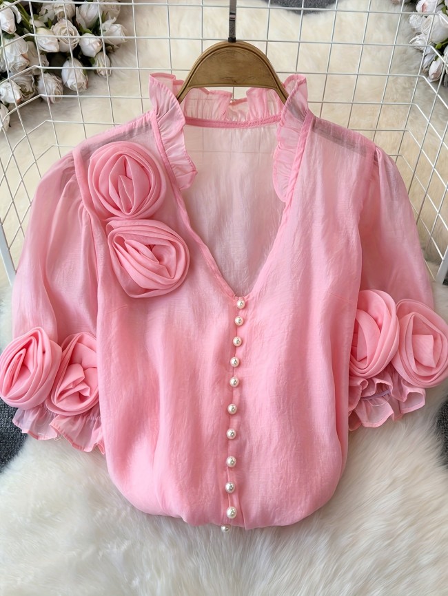 Directional Style Women'S Elegant Pink Floral Blouse - Sleeveless with Ruffled Details, Perfect for Weddings And Formal Events, Summer Fashion, Wedding Attire | Elegant Sleeveless Blouse | Ruffled Detail, Blouse