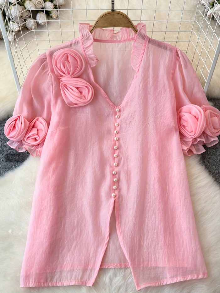 Directional Style Women'S Elegant Pink Floral Blouse - Sleeveless with Ruffled Details, Perfect for Weddings And Formal Events, Summer Fashion, Wedding Attire | Elegant Sleeveless Blouse | Ruffled Detail, Blouse