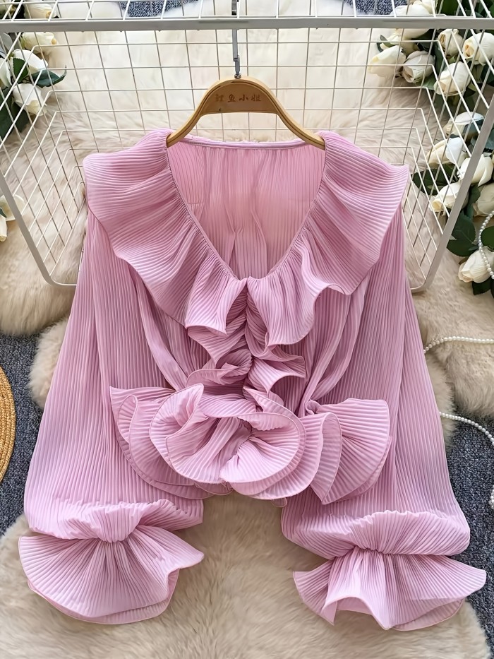 French Gentle Style\u002FV-Neck Ruffled Pleated Blouse\u002FWomen's Spring Summer Long Sleeve\u002FAll-Match Design Top