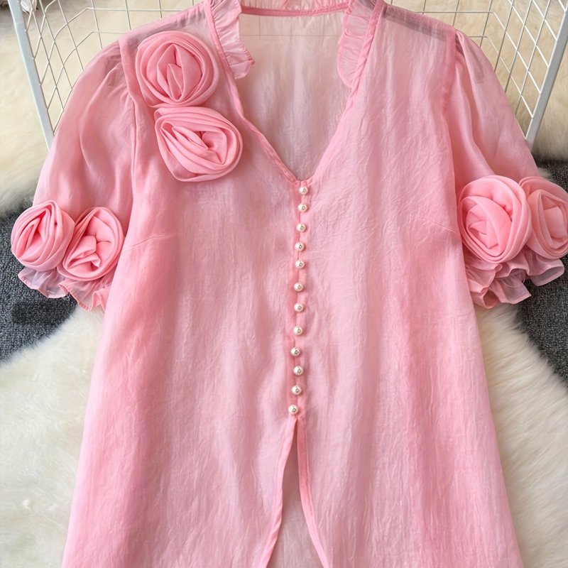Directional Style Women'S Elegant Pink Floral Blouse - Sleeveless with Ruffled Details, Perfect for Weddings And Formal Events, Summer Fashion, Wedding Attire | Elegant Sleeveless Blouse | Ruffled Detail, Blouse