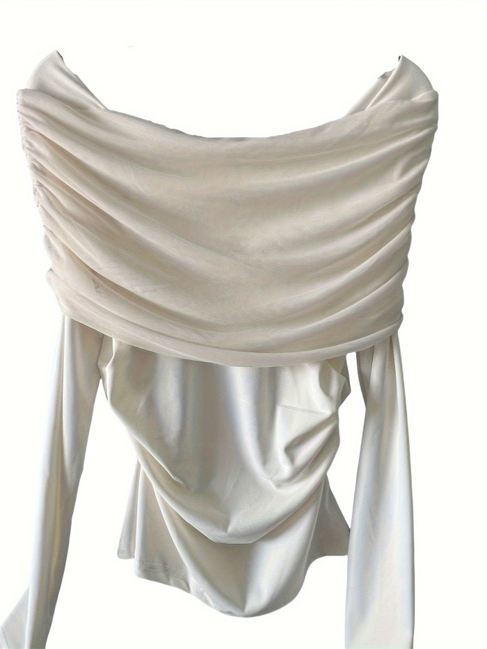 Women's Elegant Off-Shoulder\u002FBoat Neck Blouse - Slim-Fit Short Length Long Sleeve Top, Semi-Sheer Short Length for spring\u002FAutumn, Soft Stretch Office to Party Shirt (No Chest Padding, Curve Fit)