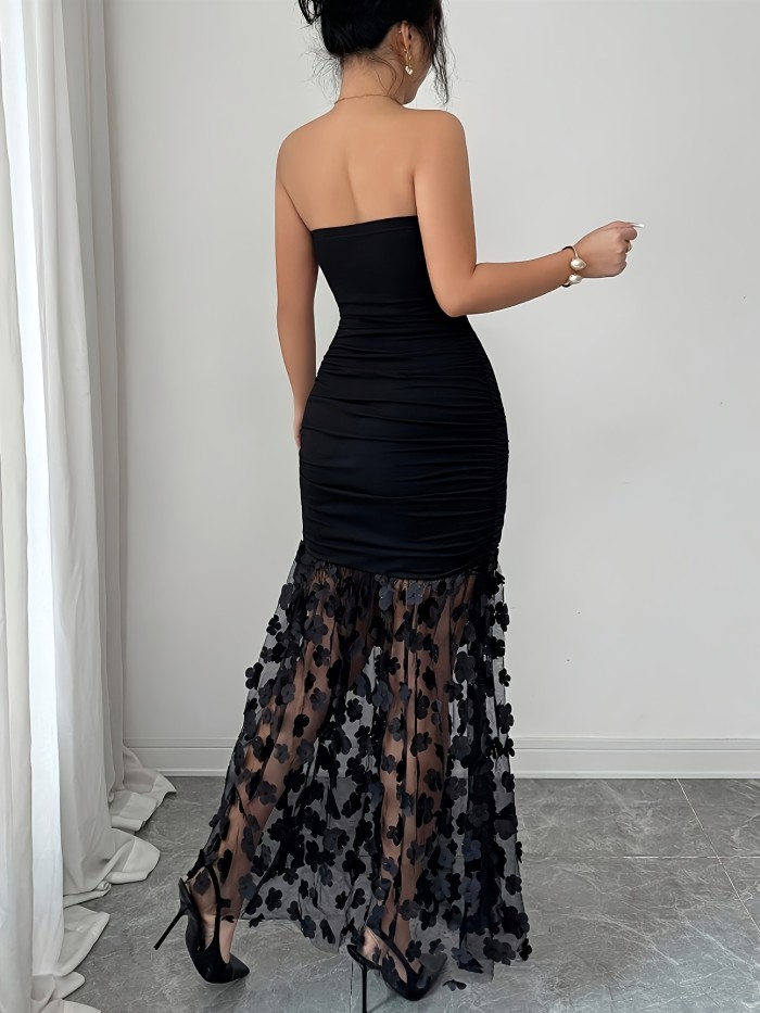 Women's Fashion Black Sleeveless Lace-Trimmed Tube Top Maxi Dress
