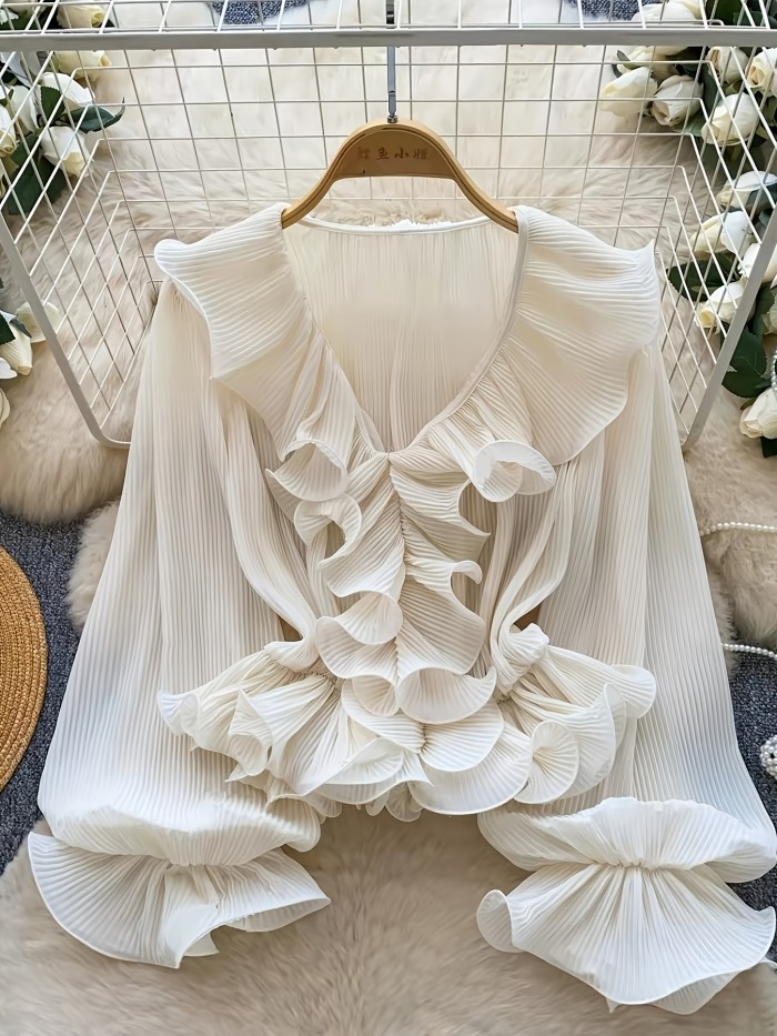French Gentle Style\u002FV-Neck Ruffled Pleated Blouse\u002FWomen's Spring Summer Long Sleeve\u002FAll-Match Design Top