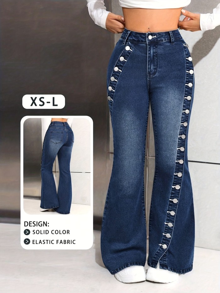 Women'S Vintage Flare Jeans - Non-See-Through Stretchy Pants with Button Closure, All-Season Everyday & Formal Outfits - Elegant Flared Leg for Parties, Office, Travel - Women'S Jeans, Party Attire, Retro Fashion, Quality Stitching, Stylish Bottoms