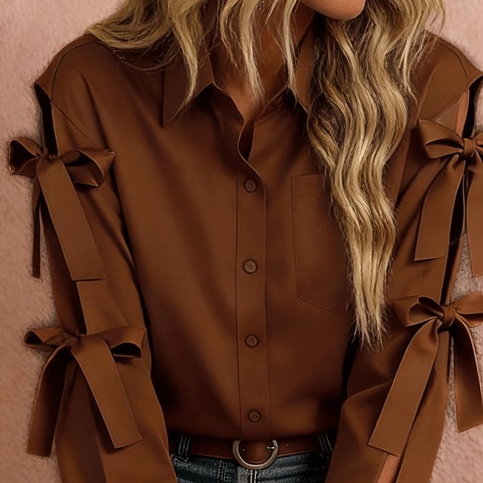 Women'S Solid Color Bow Decorated Long Sleeve Single-Button Shirt, Suitable for Office, Home, Street, And Administration