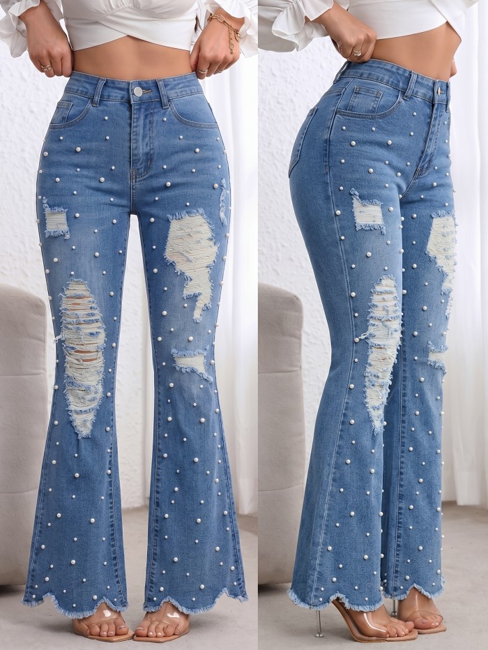 Vintage Blue Bell Bottoms Vintage High Waist Women's Ripped Flare Jeans | Pearl Beading, Blue Frayed Hem Bell Bottoms, Tall-Flattering Pants