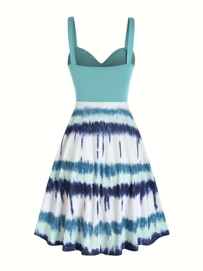 Tie Dye Print Fake Button Dress, Casual Sleeveless Backless For Summer, Women's Clothing