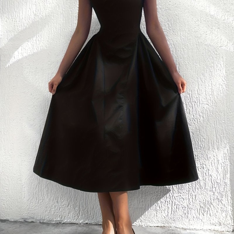 Women's Classic Hepburn-Style Sleeveless Waist-Cinched Black Flared Midi Gown, Vintage Elegant Sleeveless Little Black Dress, Waist-Cinched A-Line Flared Midi Gown, Suitable for Daily Wear, Commuting, Parties, and Various Occasions
