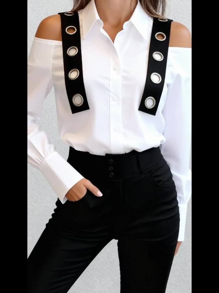 Elegant Women'S Commuting Urban Casual Shirt with Eyelet Strap Decoration, Featuring a Long-Sleeve Design And a Sexy Hollow-Out Style