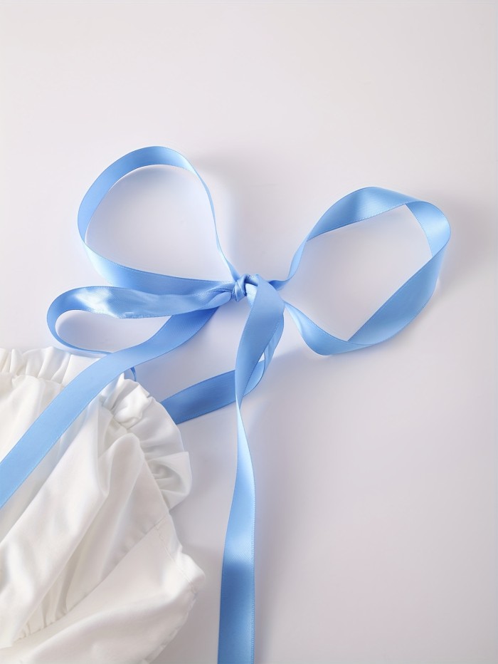 Elegant White Ruffled Tutu Dress with Blue Ribbon Accents - Perfect for Weddings, Graduations, and Summer Events, Polyester Fabric, Ruched Bust Design, All-Season Versatile, Graduation Dress | Ruffled Tutu Skirt | Polyester Dress