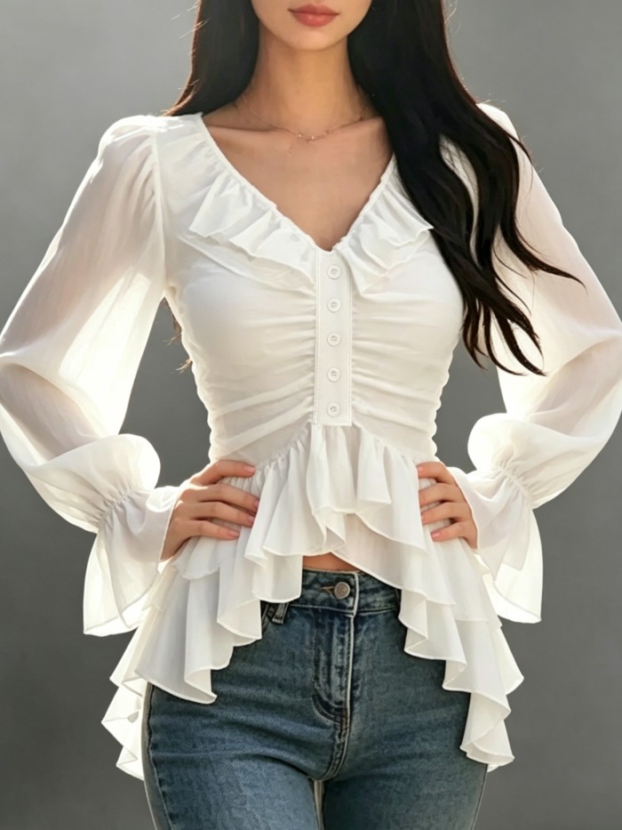 Women'S Spring Summer Casual Elegant Ruffled V-Neck Lantern Sleeve Layered Design Blouse
