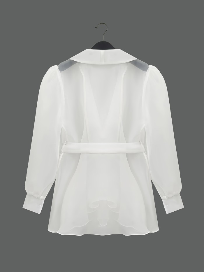 Fitted Lapel Open Front Elegant Women's Organza Tie-Front Cardigan | Sheer Party Commute Outerwear