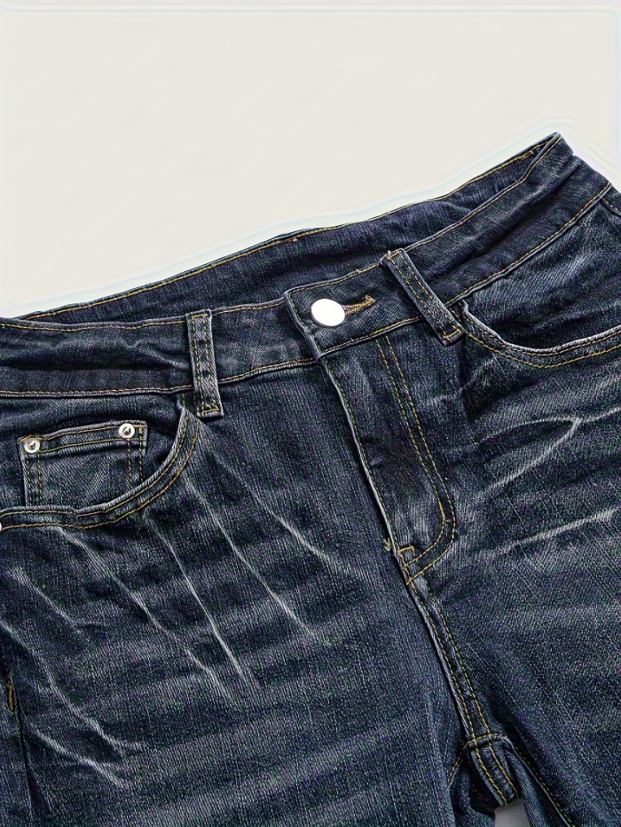 Vintage Heavy Craft Denim Jeans with Black Wing Embroidery, Vintage Street Style, Stretch Flared Denim Pants