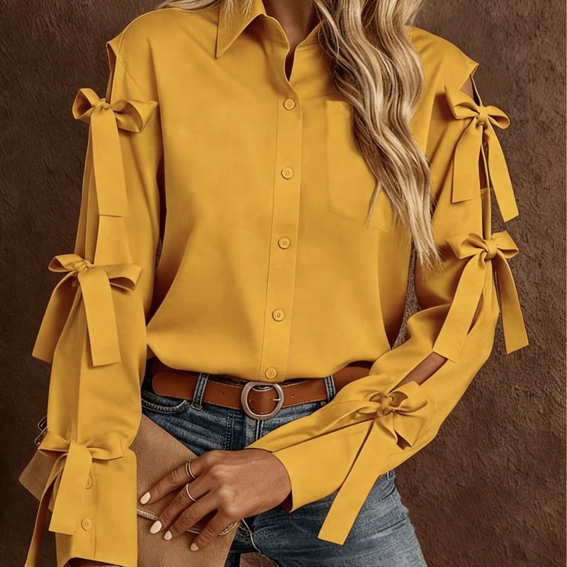 Women'S Solid Color Bow Decorated Long Sleeve Single-Button Shirt, Suitable for Office, Home, Street, And Administration