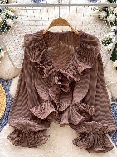 French Gentle Style\u002FV-Neck Ruffled Pleated Blouse\u002FWomen's Spring Summer Long Sleeve\u002FAll-Match Design Top