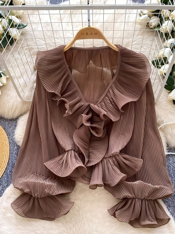 French Gentle Style\u002FV-Neck Ruffled Pleated Blouse\u002FWomen's Spring Summer Long Sleeve\u002FAll-Match Design Top
