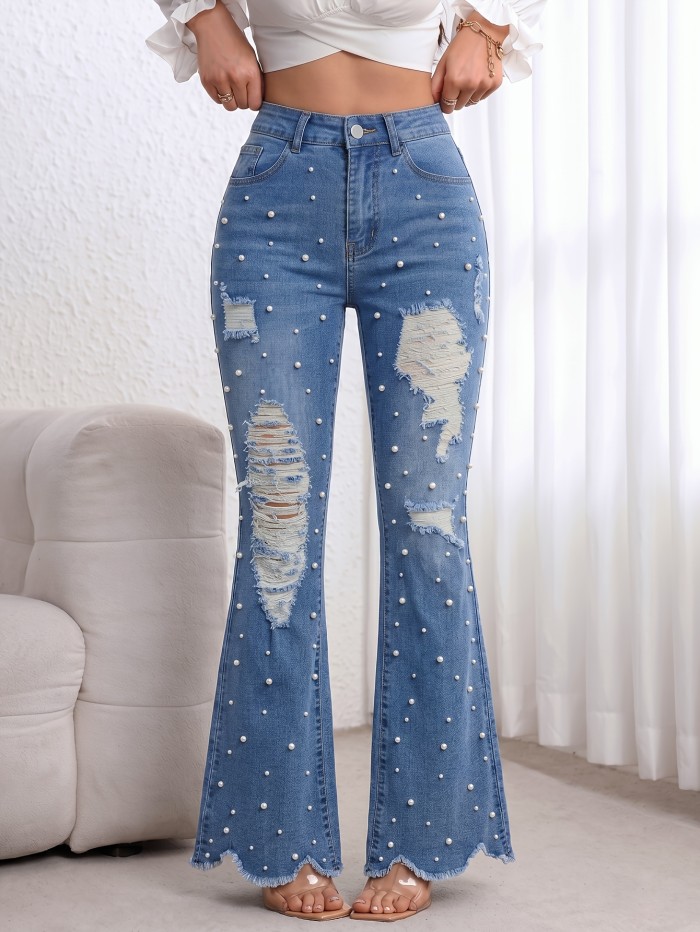 Vintage Blue Bell Bottoms Vintage High Waist Women's Ripped Flare Jeans | Pearl Beading, Blue Frayed Hem Bell Bottoms, Tall-Flattering Pants