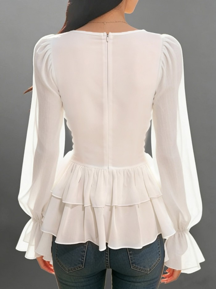 Women'S Spring Summer Casual Elegant Ruffled V-Neck Lantern Sleeve Layered Design Blouse