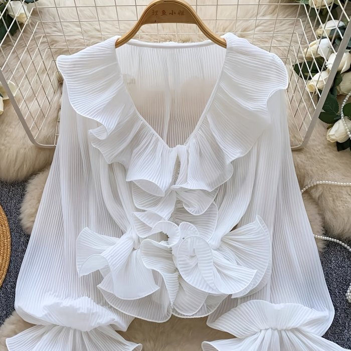 French Gentle Style\u002FV-Neck Ruffled Pleated Blouse\u002FWomen's Spring Summer Long Sleeve\u002FAll-Match Design Top