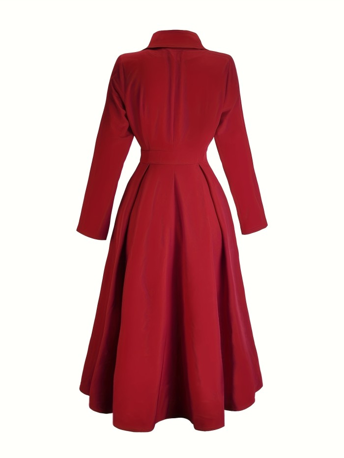 Vintage Wine Red Suit-Style Waist-Cinching Dress for Women, 2025 New Arrival, High-Waisted Flared Skirt with Pearl Buttons, Commuter Banquet Workplace Annual Gathering Elegant Evening Gown