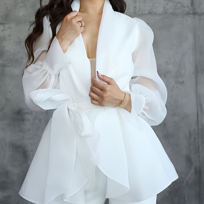 Fitted Lapel Open Front Elegant Women's Organza Tie-Front Cardigan | Sheer Party Commute Outerwear