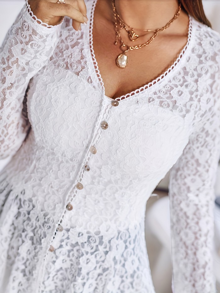 Women's Slim-Fit Elegant V-Neck Button-Front Blouse with Asymmetric Peplum Hem & Cinching Waist - Lace-Trimmed Long Sleeve Shirt, Semi-Sheer for all-Season Wear (for, Wedding, Party) - Machine Washable Solid Color Top