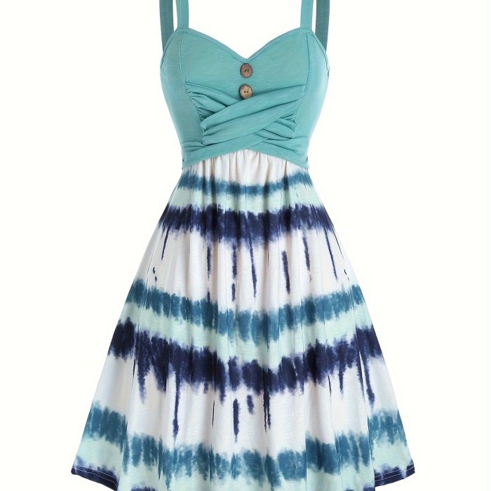 Tie Dye Print Fake Button Dress, Casual Sleeveless Backless For Summer, Women's Clothing