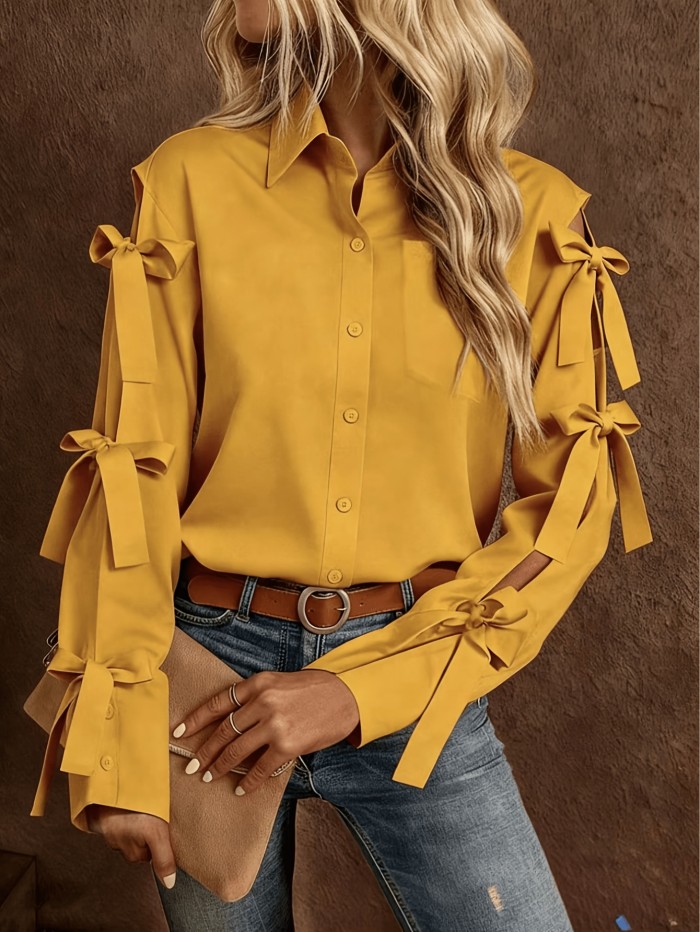 Women'S Solid Color Bow Decorated Long Sleeve Single-Button Shirt, Suitable for Office, Home, Street, And Administration