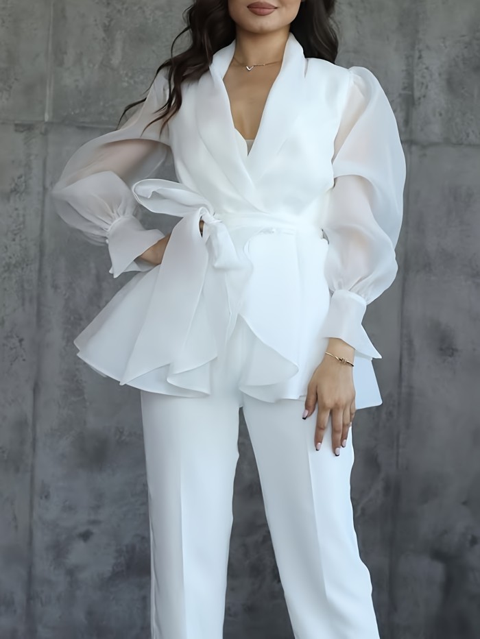 Fitted Lapel Open Front Elegant Women's Organza Tie-Front Cardigan | Sheer Party Commute Outerwear