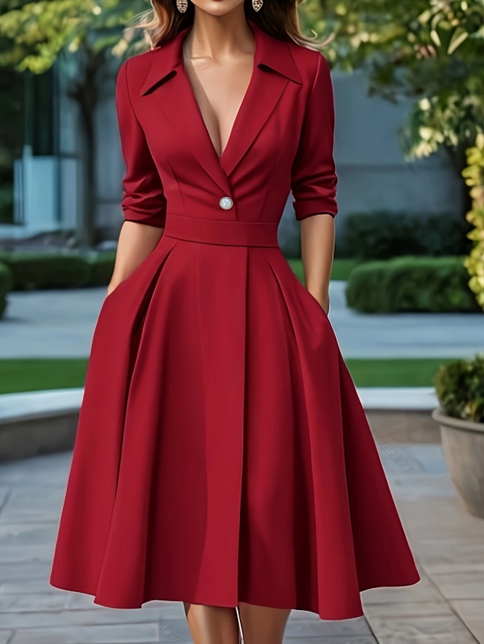 Vintage Wine Red Suit-Style Waist-Cinching Dress for Women, 2025 New Arrival, High-Waisted Flared Skirt with Pearl Buttons, Commuter Banquet Workplace Annual Gathering Elegant Evening Gown