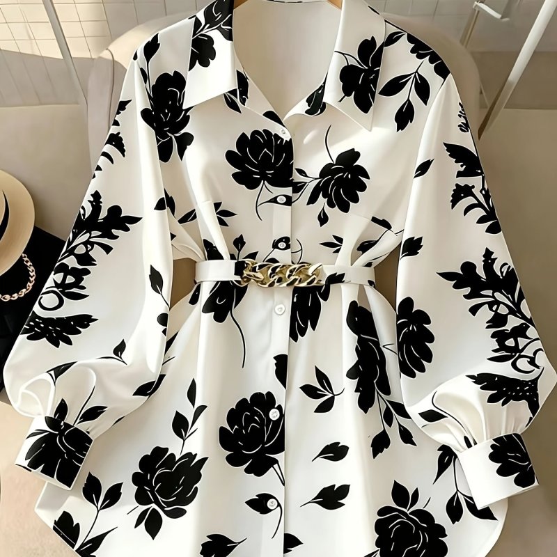 Elegant Directional Print Shirt with Belt