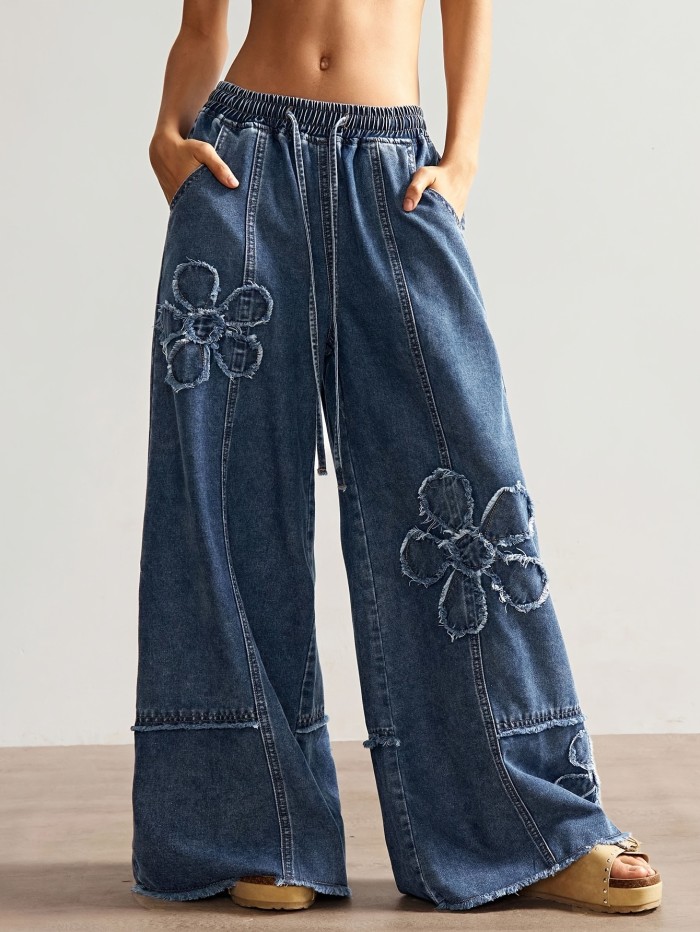 Women's Casual Jeans, Solid Wide-Leg Loose Fit, with Design Detail